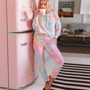 Pink printed tie dye hoodie long sleeve lounge set